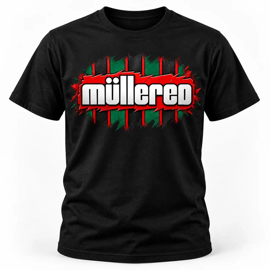 Müllered retro 90s football-inspired T-shirt – Deep Black, central chest graphic