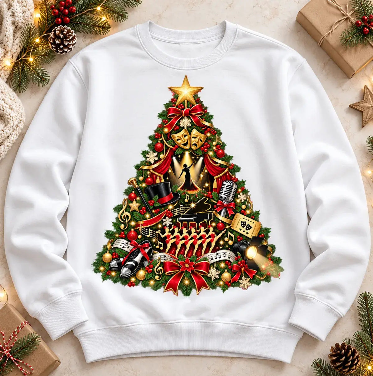 White Musical Theatre Christmas Jumper with festive stage, comedy masks, microphone, piano and chorus line design