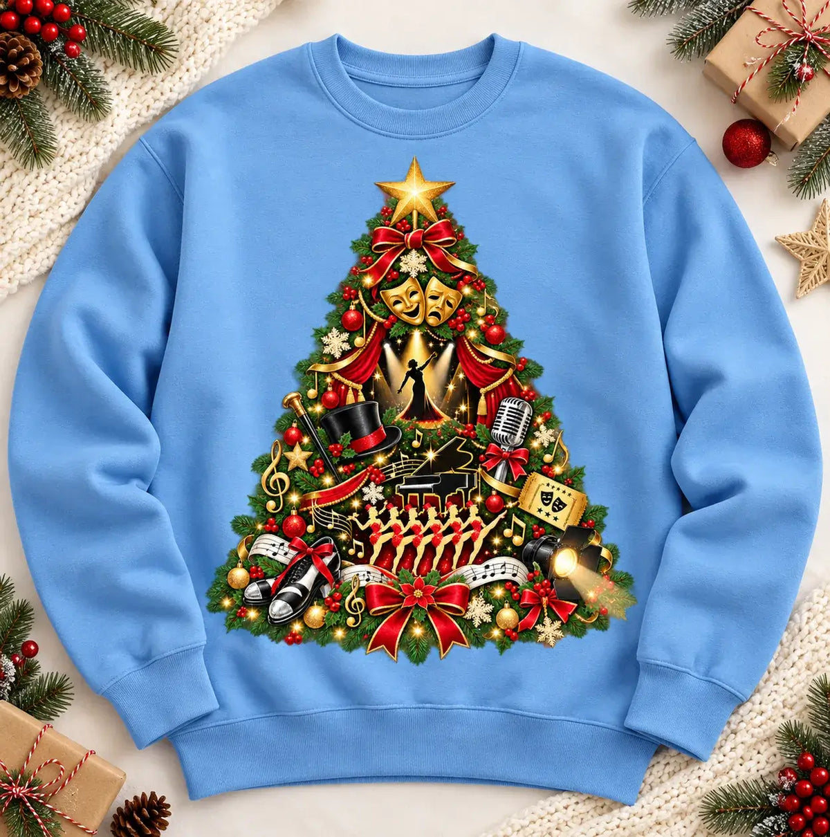 Sky Blue Musical Theatre Christmas Jumper with festive theatre and musical stage tree design