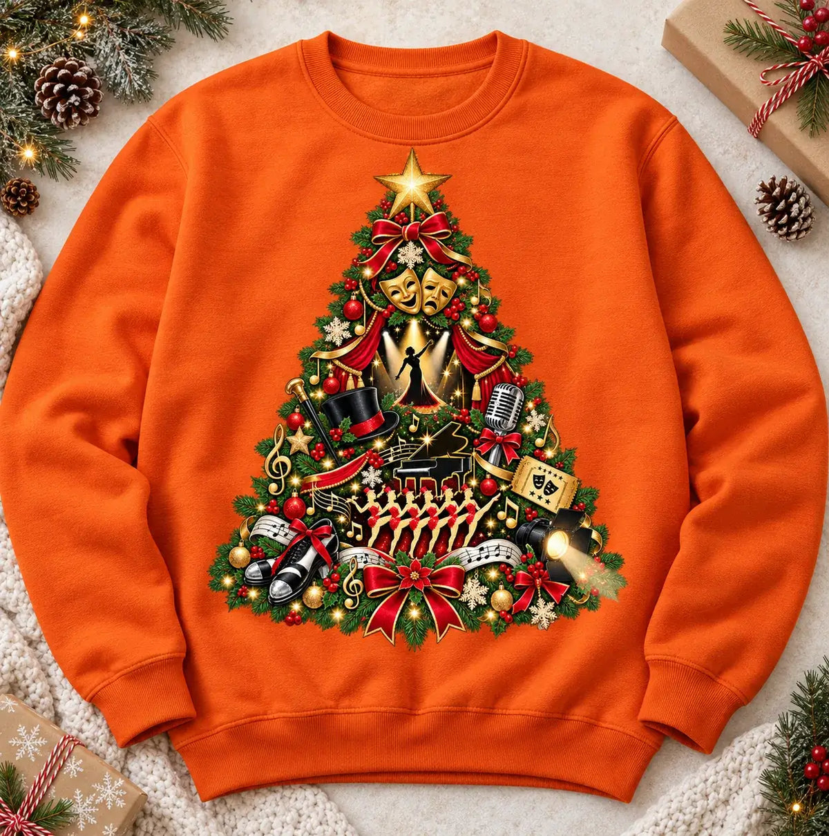 Orange Musical Theatre Christmas Jumper mockup showing the festive theatre tree artwork