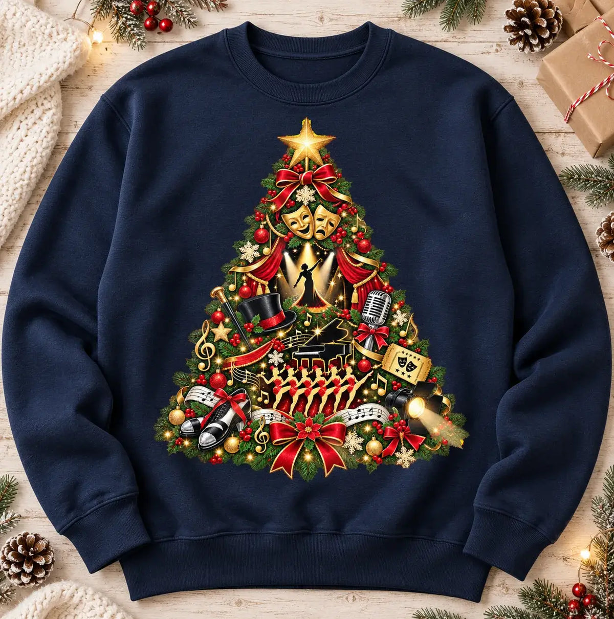 Navy Musical Theatre Christmas Jumper mockup showing the detailed theatre Christmas tree design