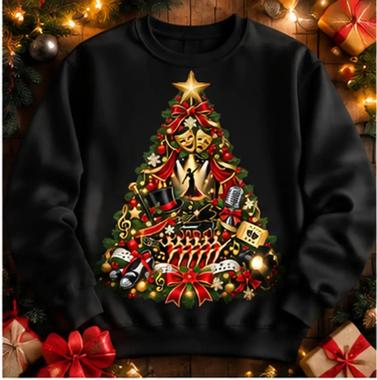 Black Musical Theatre Christmas Jumper with festive theatre tree, stage masks, microphone, piano and dancers