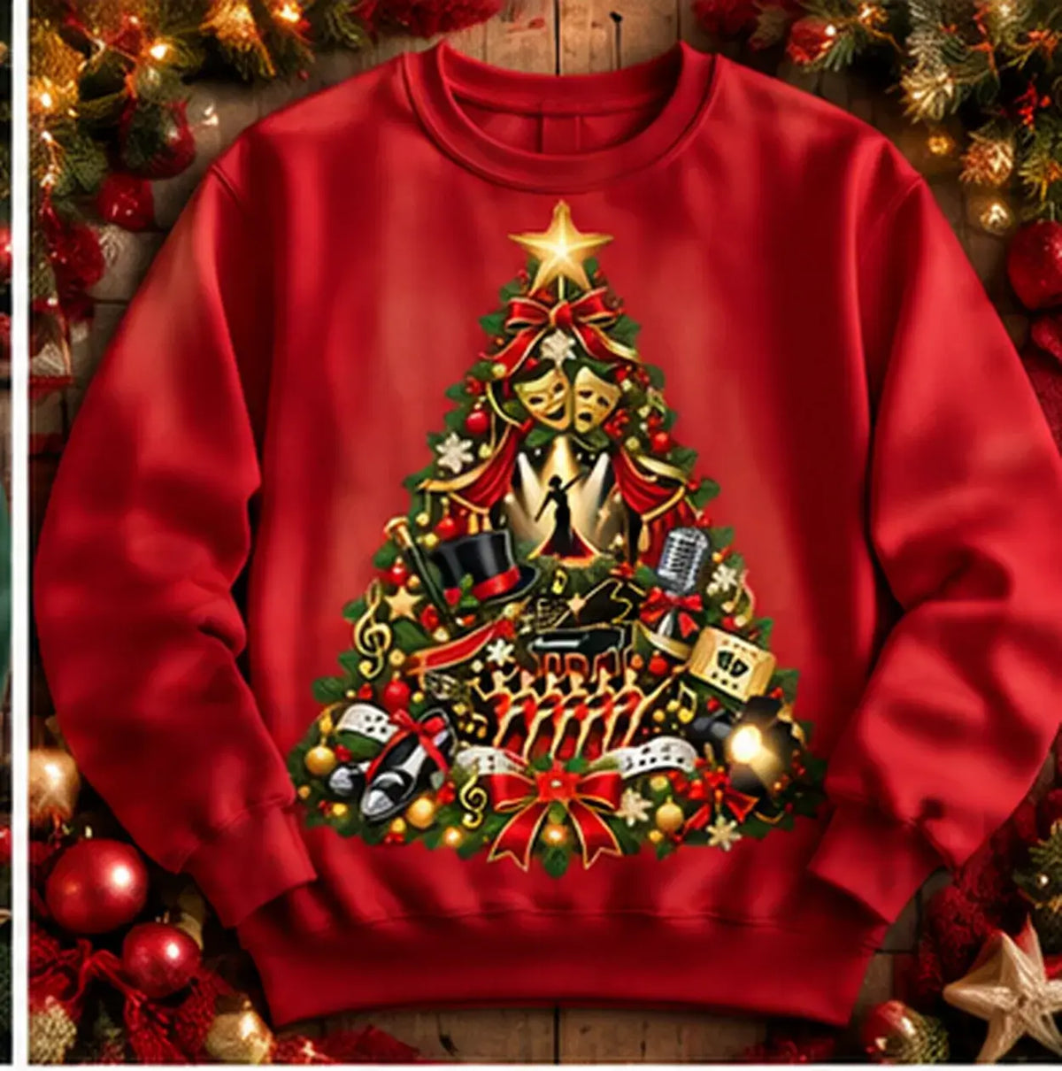 Fire Red Musical Theatre Christmas Jumper with festive theatre tree and stage design