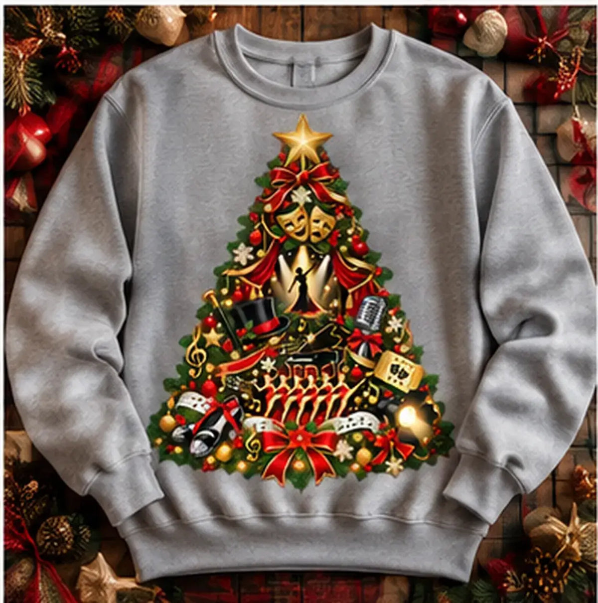Grey Musical Theatre Christmas Jumper mockup with stage, piano, microphone and theatre masks