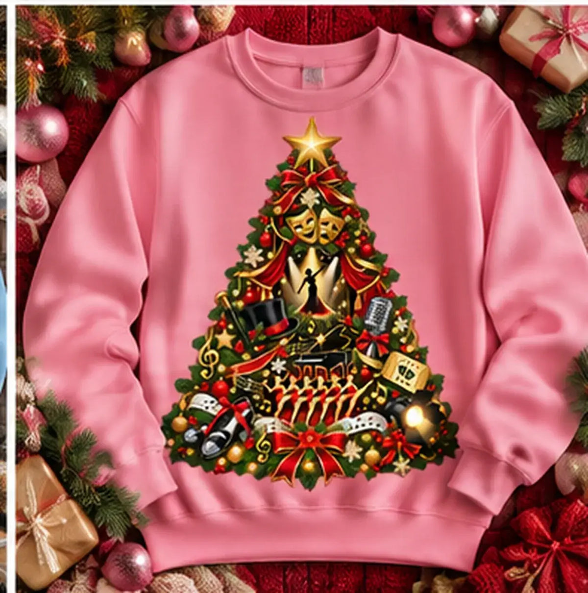 Pink Musical Theatre Christmas Jumper mockup with festive performing arts theatre tree design