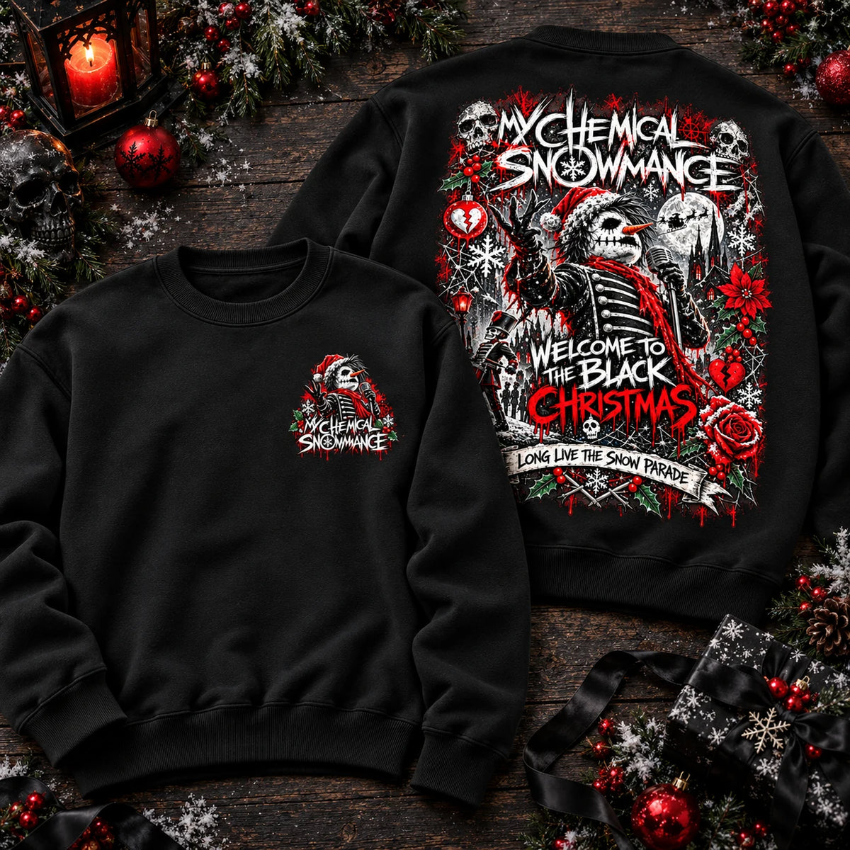 My Chemical Snowmance black jumper front and back Christmas mockup