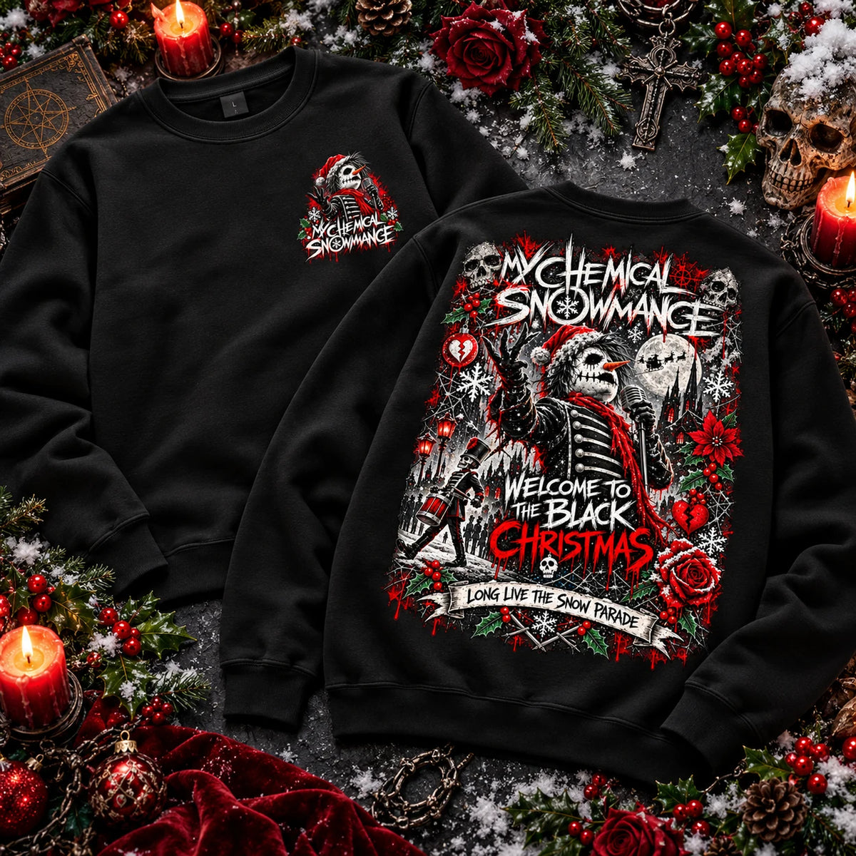 My Chemical Snowmance black jumper gothic Christmas flat lay