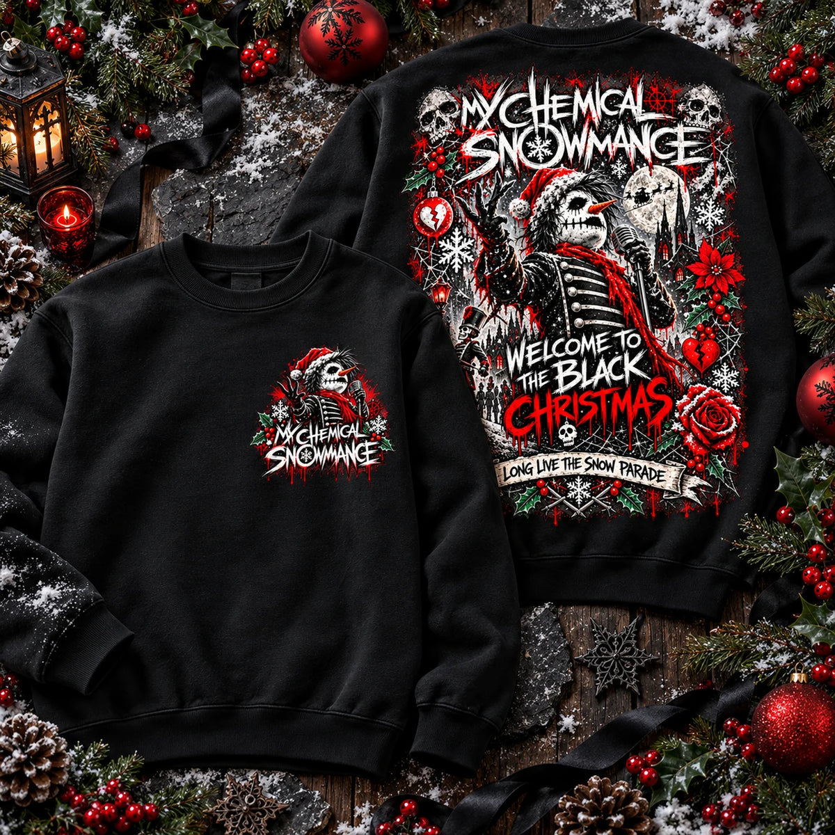 My Chemical Snowmance black jumper front and back snow Christmas mockup