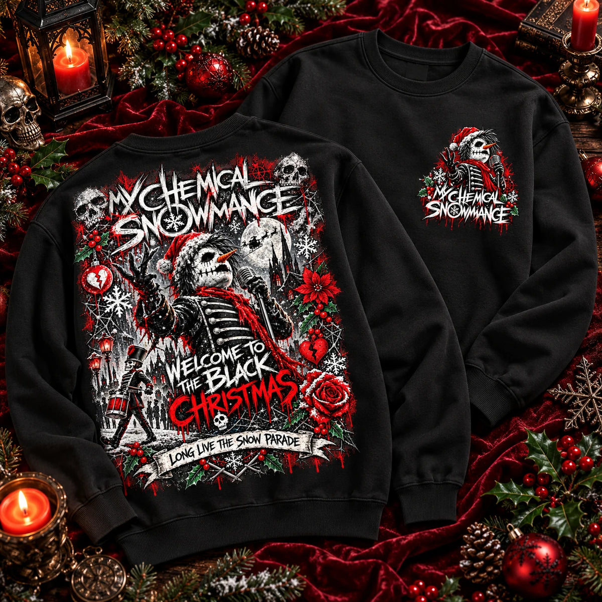 My Chemical Snowmance black jumper front and back red velvet Christmas mockup