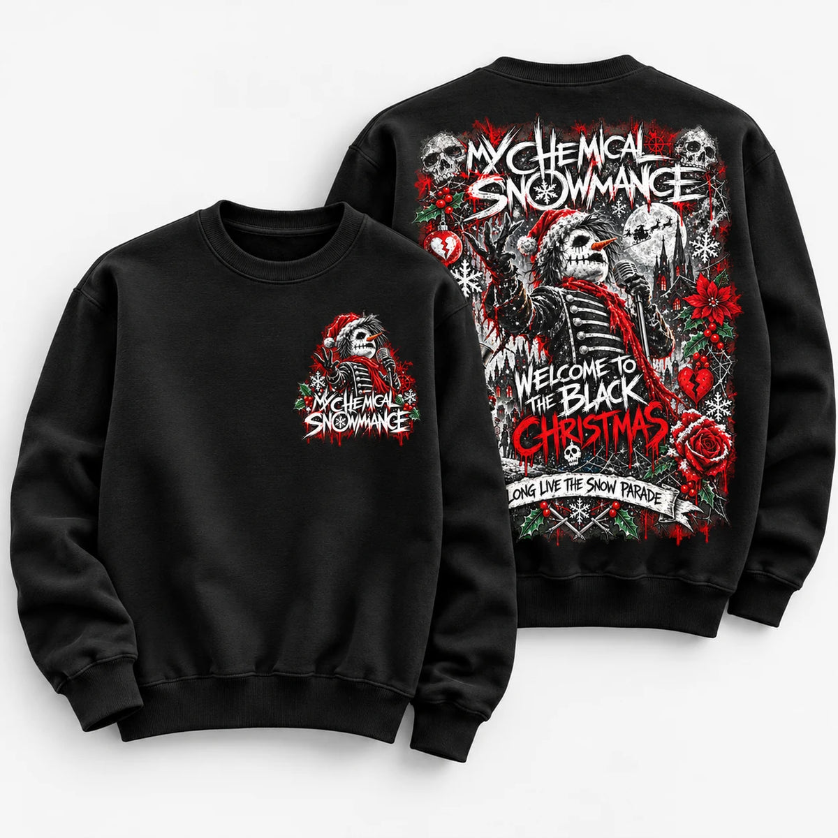 My Chemical Snowmance black jumper front and back clean product mockup