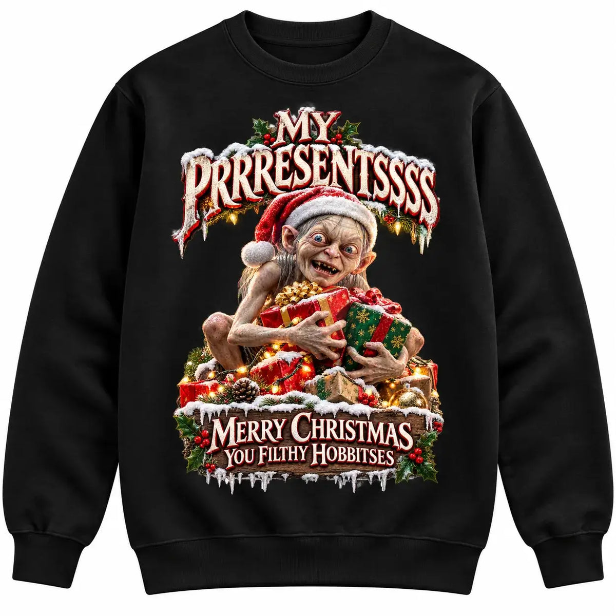 Black My Prrresents Christmas jumper front product mockup