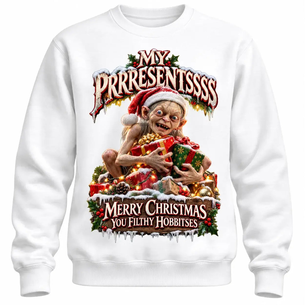 White My Prrresents Christmas jumper front product mockup