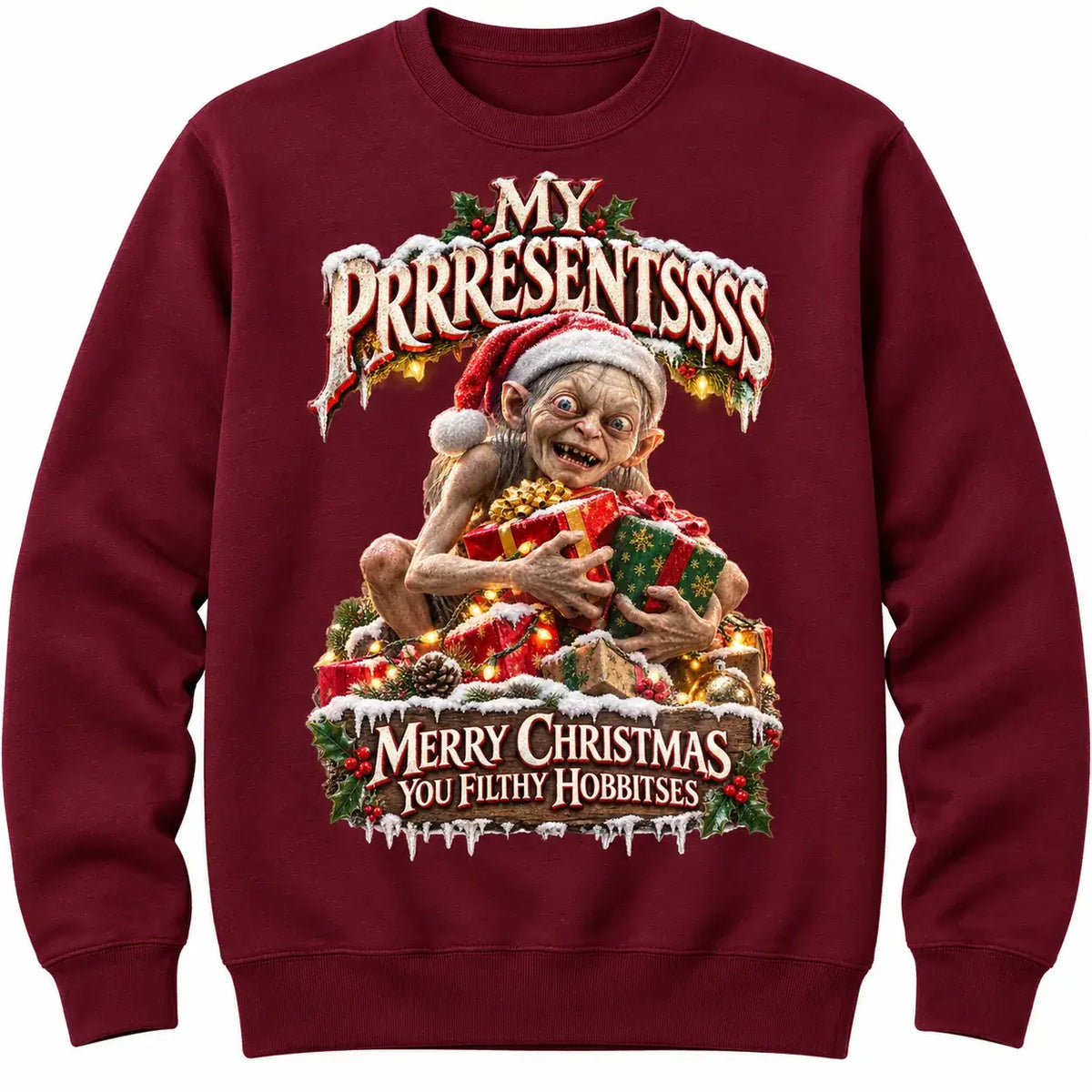 Burgundy My Prrresents Christmas jumper front product mockup