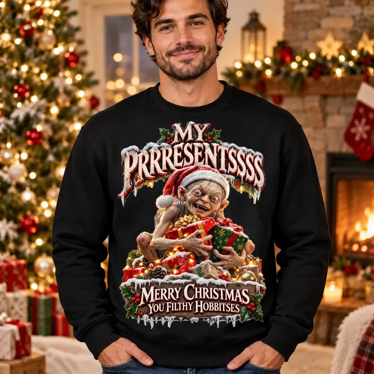 Model wearing Black My Prrresents Christmas jumper in a festive setting
