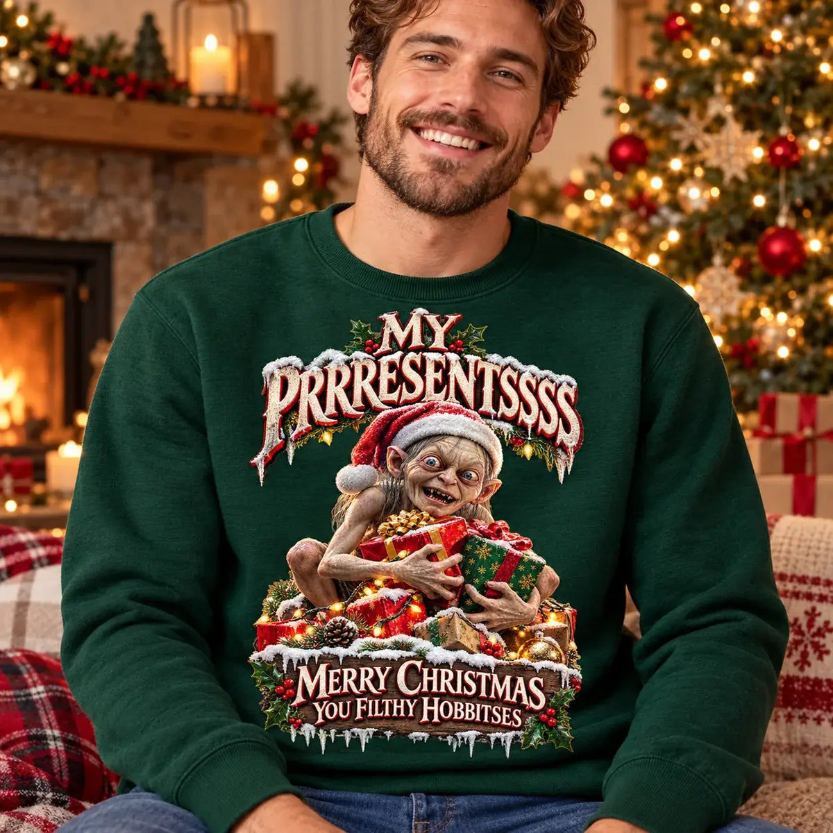 Model wearing Bottle Green My Prrresents Christmas jumper in a festive setting