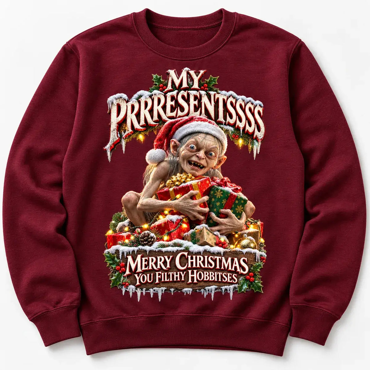 Burgundy My Prrresents Christmas jumper flat lay product mockup