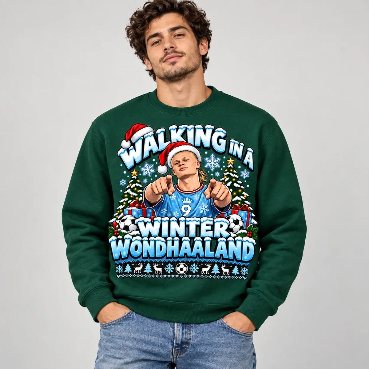 Model wearing Bottle Green Walking in a Winter Wondhaaland Christmas jumper