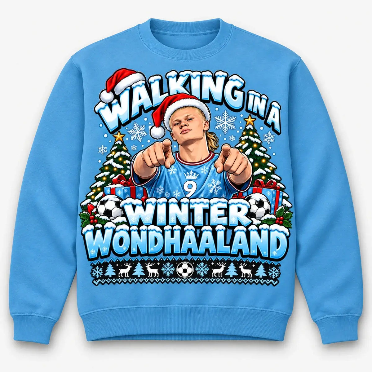Sky Blue Walking in a Winter Wondhaaland Christmas jumper flat lay