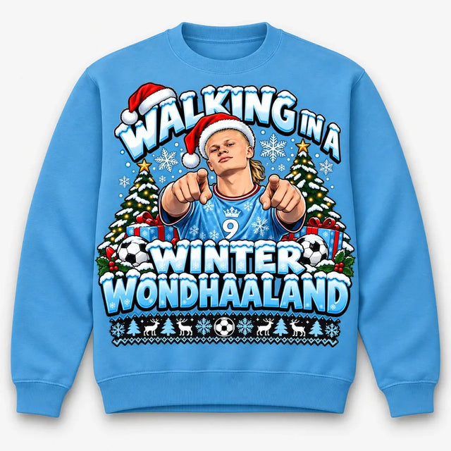Sky Blue Walking in a Winter Wondhaaland Christmas jumper flat lay
