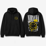 Nirvana black hoodie front and back mockup with yellow smiley chest print and large grunge back graphic