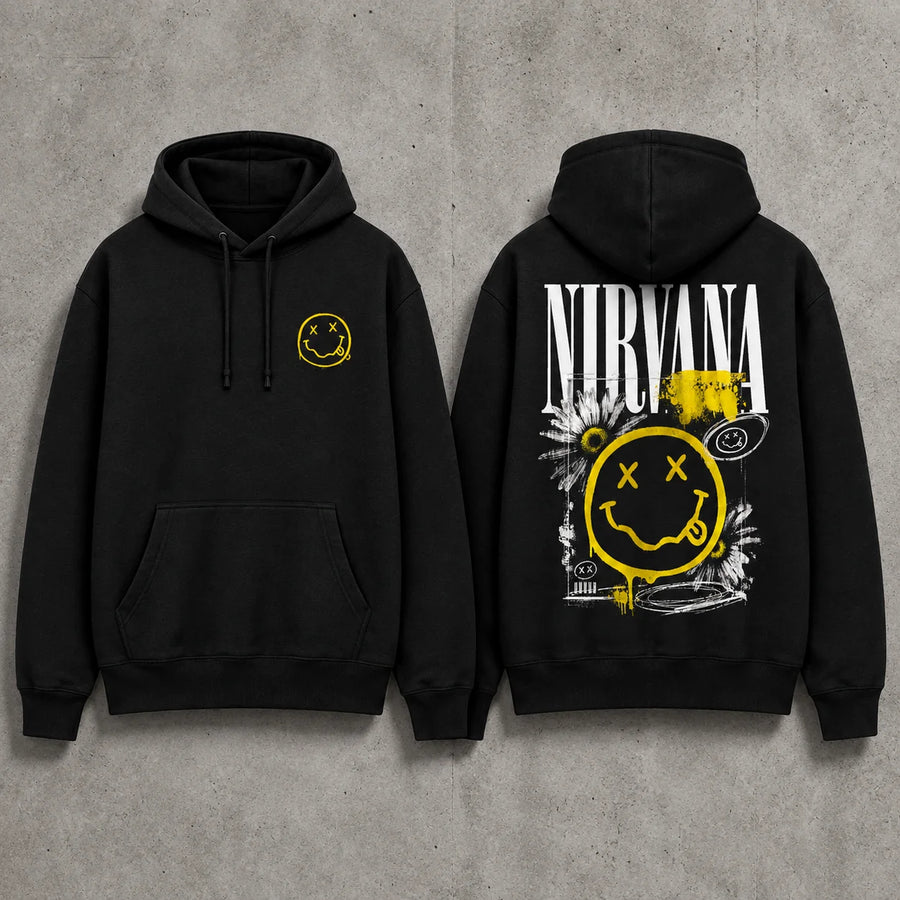 Nirvana black hoodie front and back mockup on concrete background with yellow smiley chest print and grunge back design