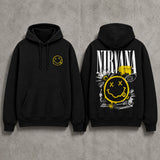 Nirvana black hoodie front and back mockup on concrete background with yellow smiley chest print and grunge back design