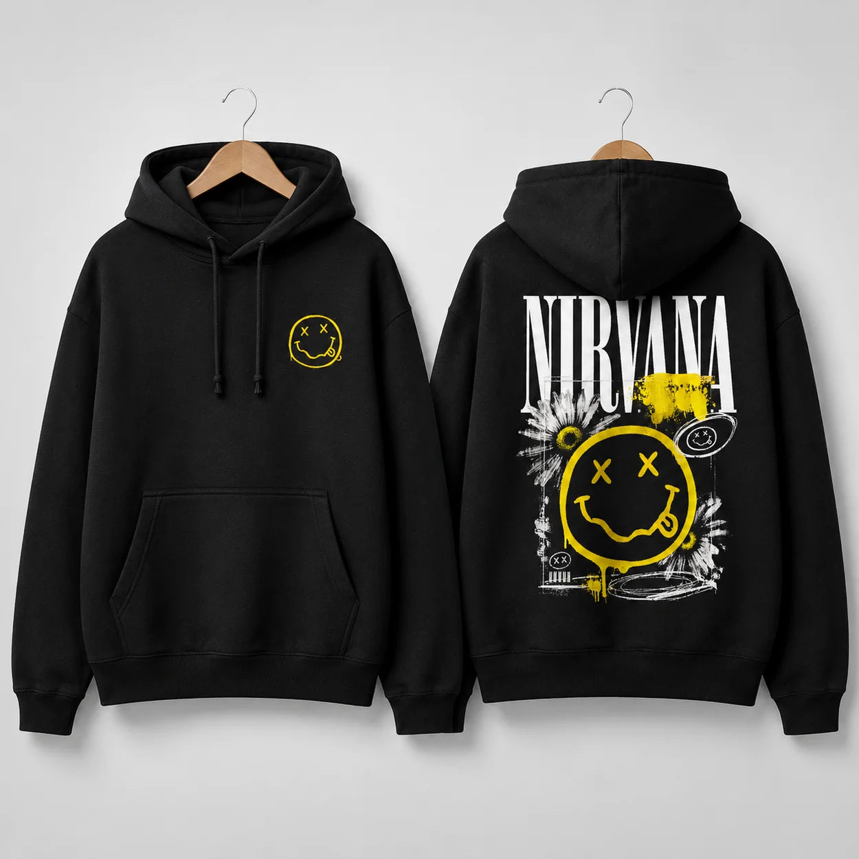 Nirvana black hoodie front and back hanging mockup with small yellow chest smiley and oversized grunge back artwork
