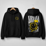Nirvana black hoodie front and back hanging mockup with small yellow chest smiley and oversized grunge back artwork