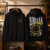 Nirvana black hoodie front and back lifestyle rail mockup with yellow smiley chest print and large white yellow back graphic