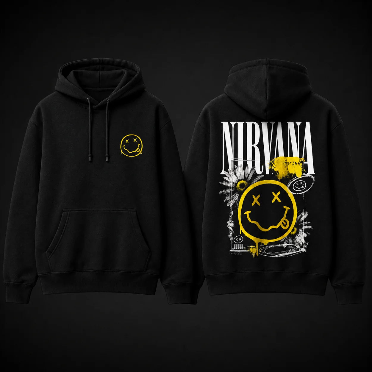 Nirvana black hoodie front and back dark studio mockup with yellow smiley chest print and distressed grunge back graphic