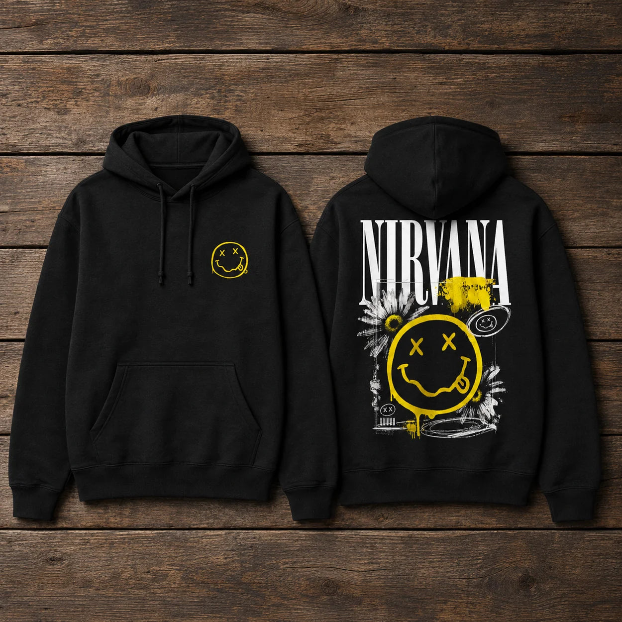 Nirvana black hoodie front and back rustic wood mockup with small yellow smiley front print and large grunge back design