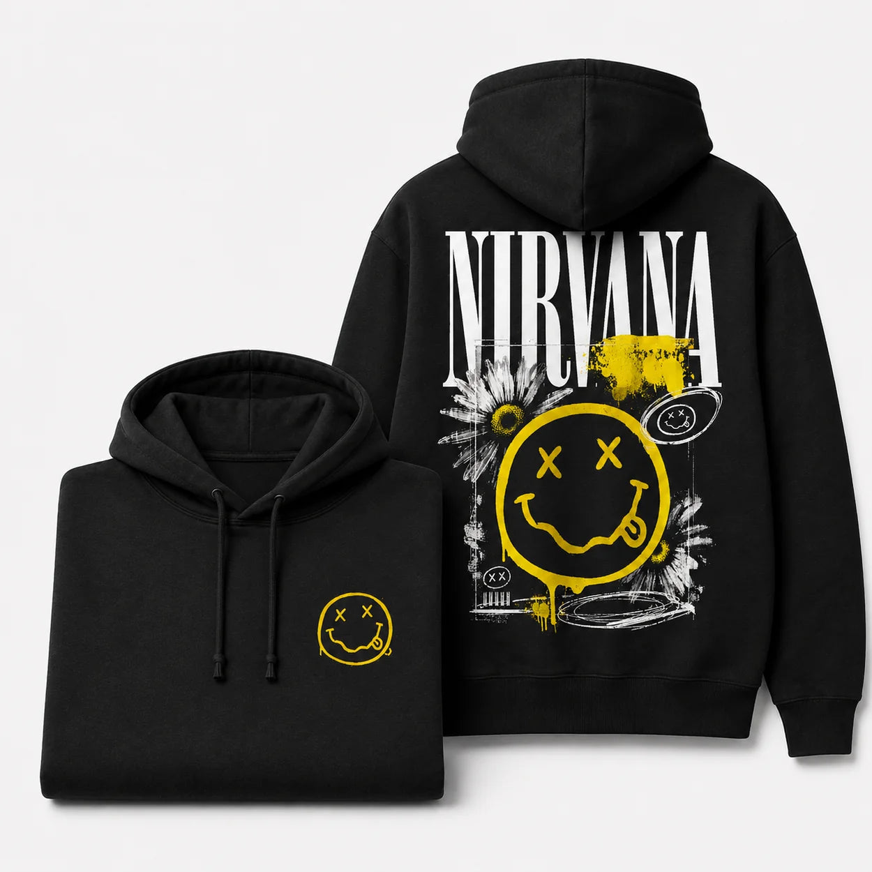 Nirvana black hoodie front and back dark display mockup with yellow smiley chest detail and oversized back graphic