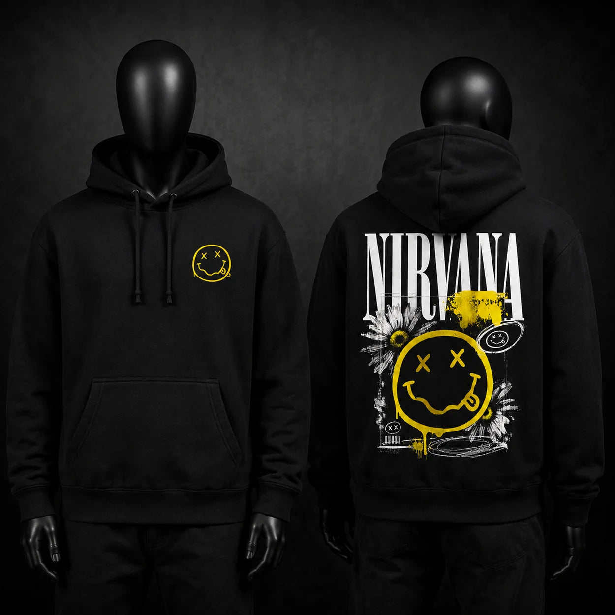 Nirvana black hoodie front and back minimal beige studio mockup with yellow smiley chest print and grunge back artwork