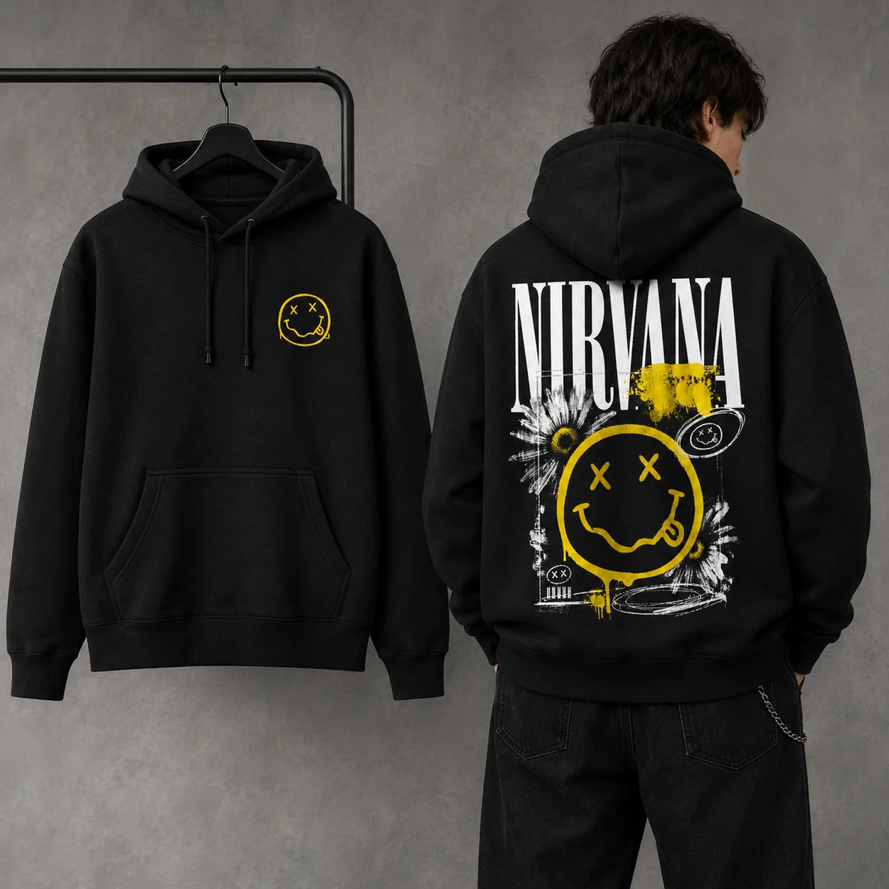 Nirvana black hoodie folded front and full back mockup showing yellow smiley chest print and large distressed back graphic