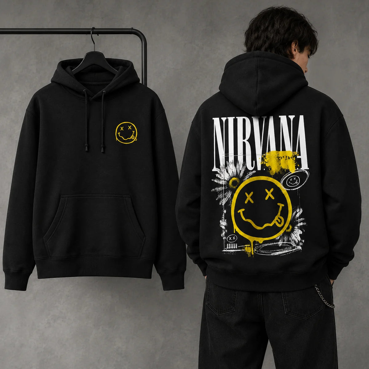 Nirvana black hoodie folded front and full back mockup showing yellow smiley chest print and large distressed back graphic