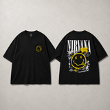 Nirvana black T-shirt front and back mockup with small left chest smiley and large back graphic
