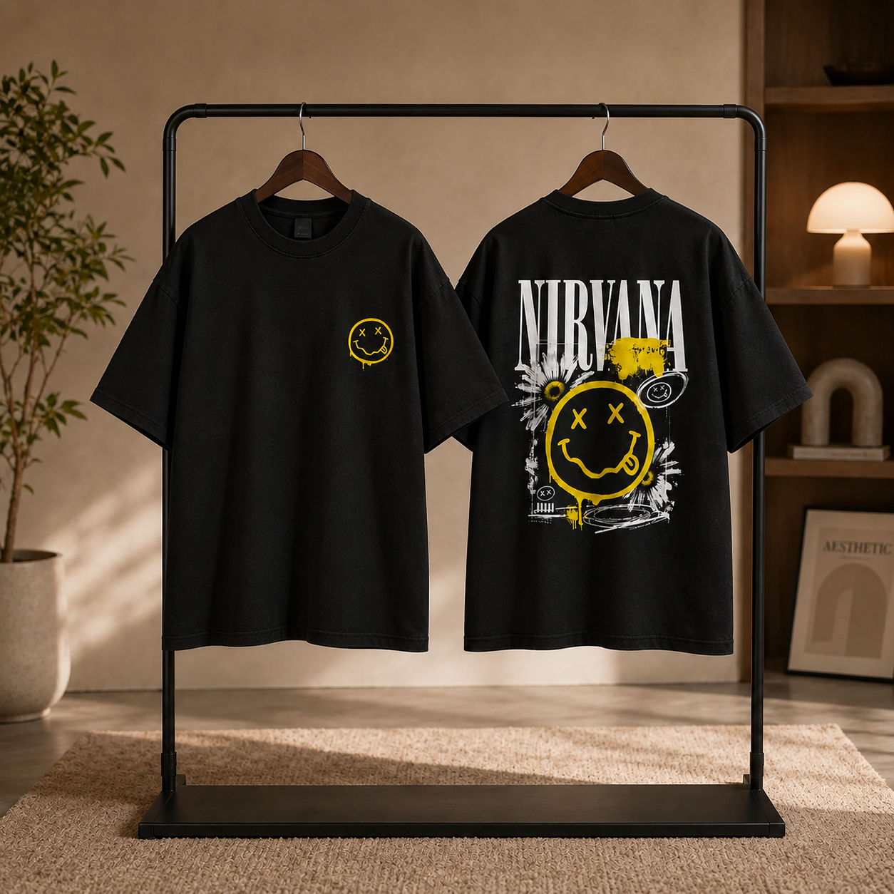 Nirvana black T-shirt front and back clothing rail mockup