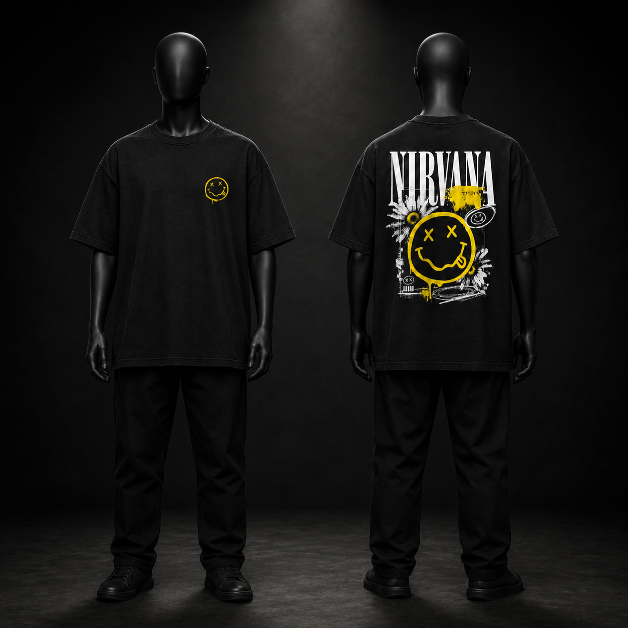 Nirvana black T-shirt front and back mannequin mockup