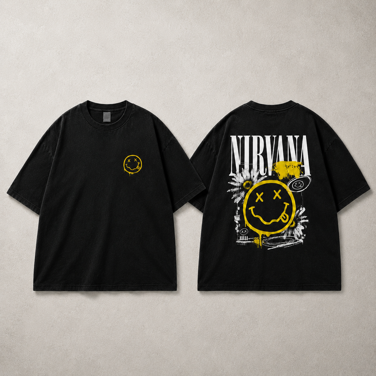 Nirvana black T-shirt front and back flat lay mockup