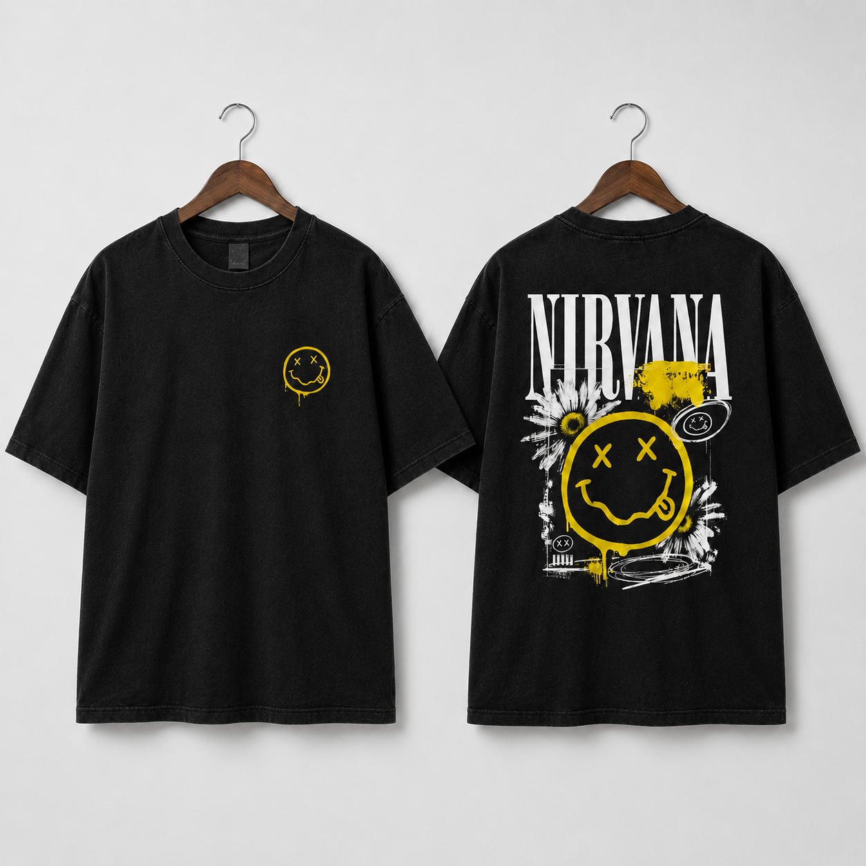 Nirvana black T-shirt front and back studio product mockup