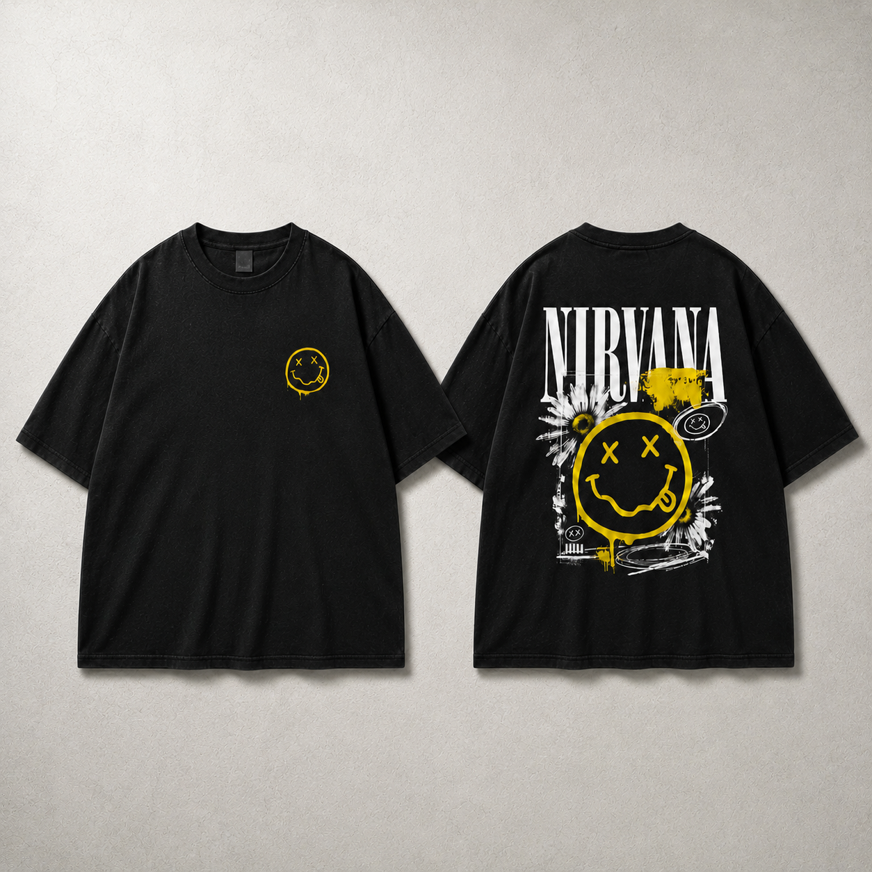 Nirvana black T-shirt front and back dark grunge mockup