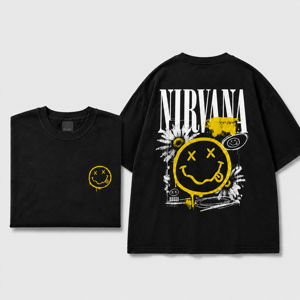 Nirvana black T-shirt front and back folded and full back graphic mockup