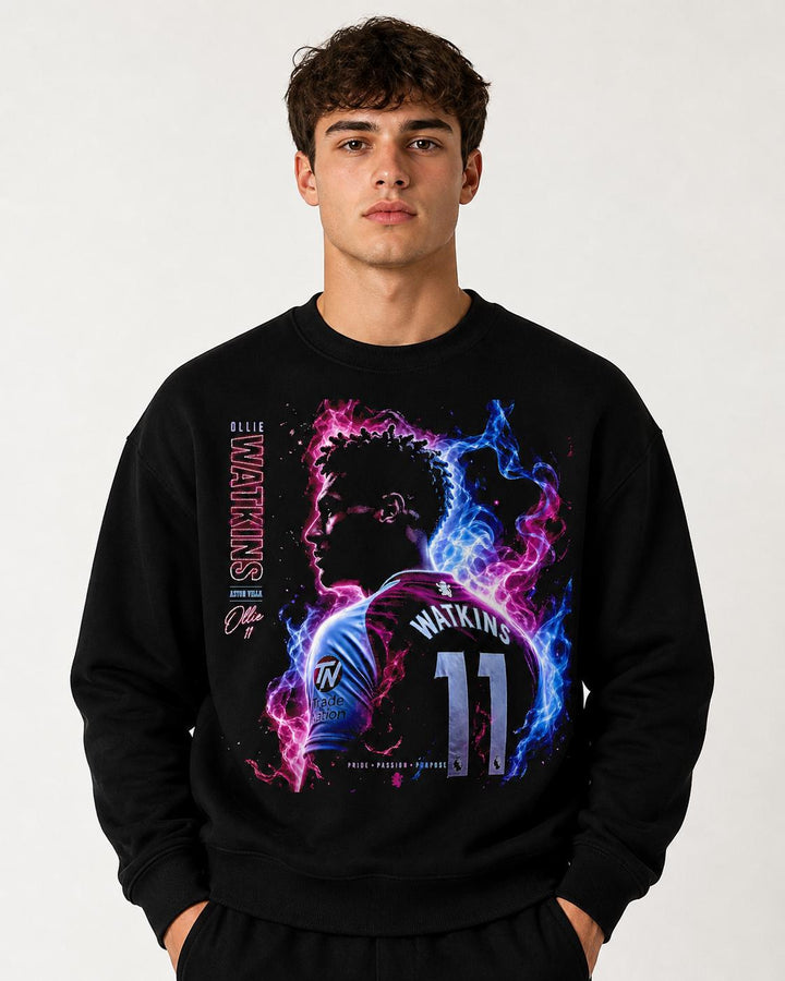 Black football fan sweatshirt with Ollie Watkins graphic