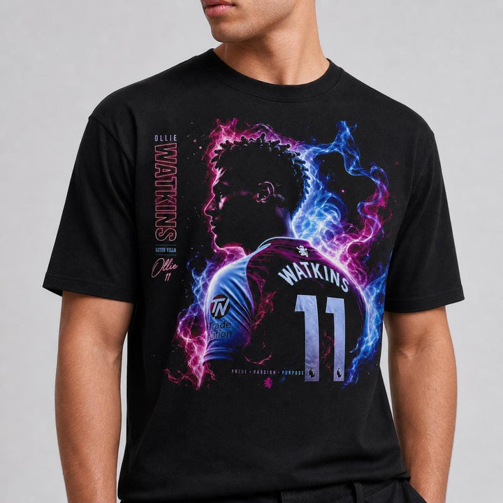 Ollie Watkins Villa fan shirt shown on model