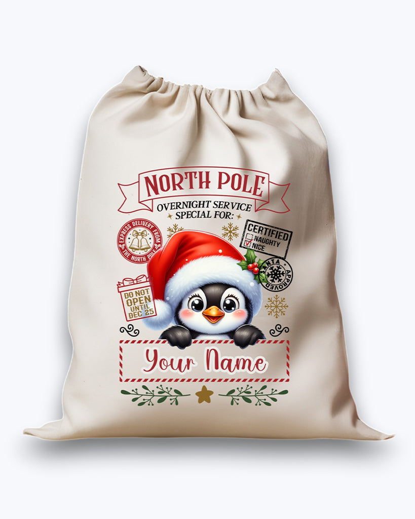 Personalised DTF Printed Christmas Sack - Penguin Design 40cm x 61.5cm
