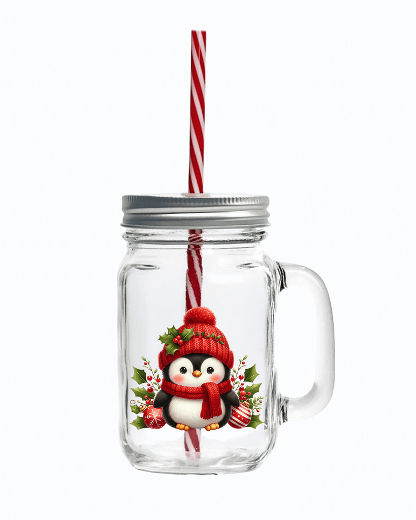 Cute Penguin Personalised UV DTF Printed 16 Oz Mason Jar + Lid & Straw