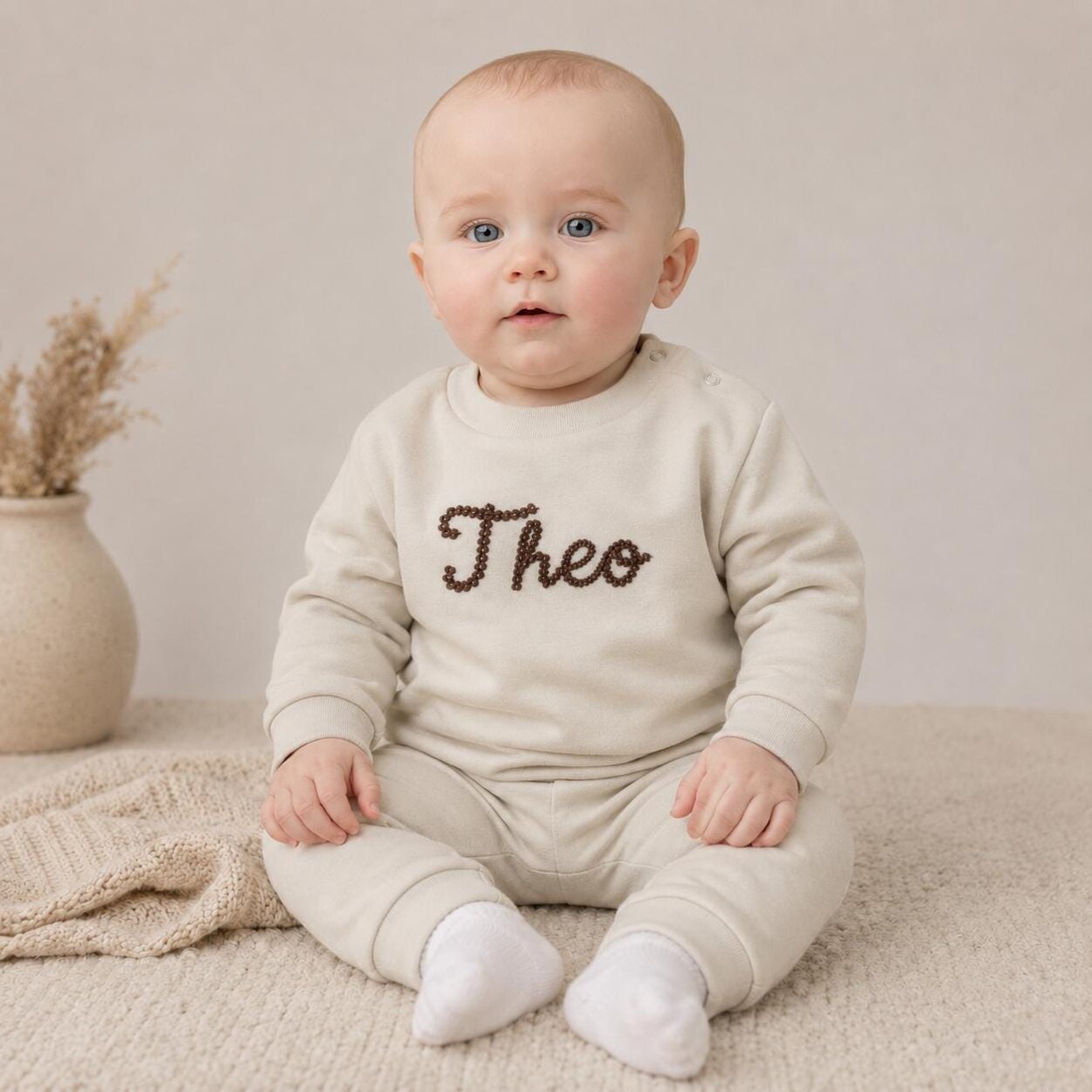 Personalised baby tracksuit in light stone worn by baby