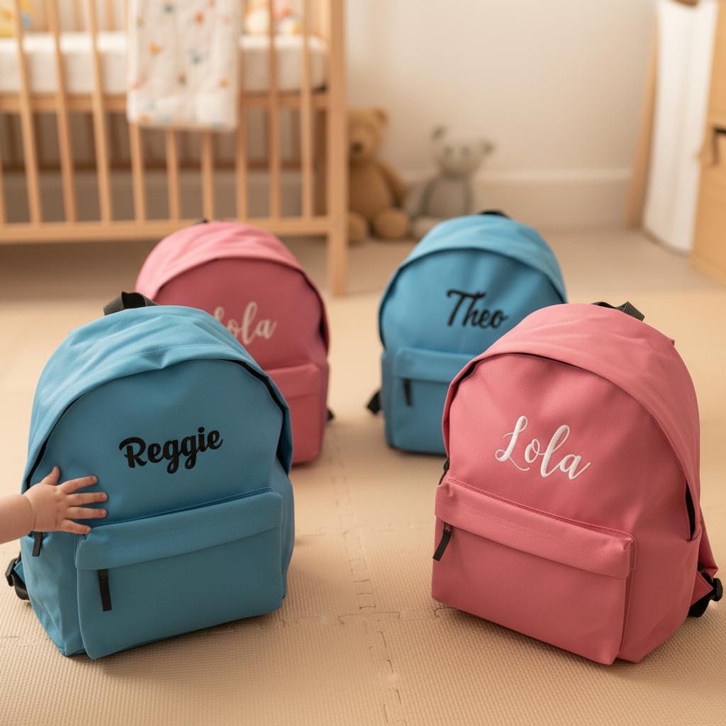 Embroidered name kids backpack detail