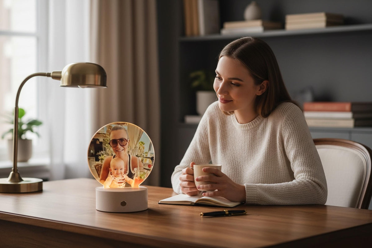 Rechargeable wooden LED base for personalised photo panel
