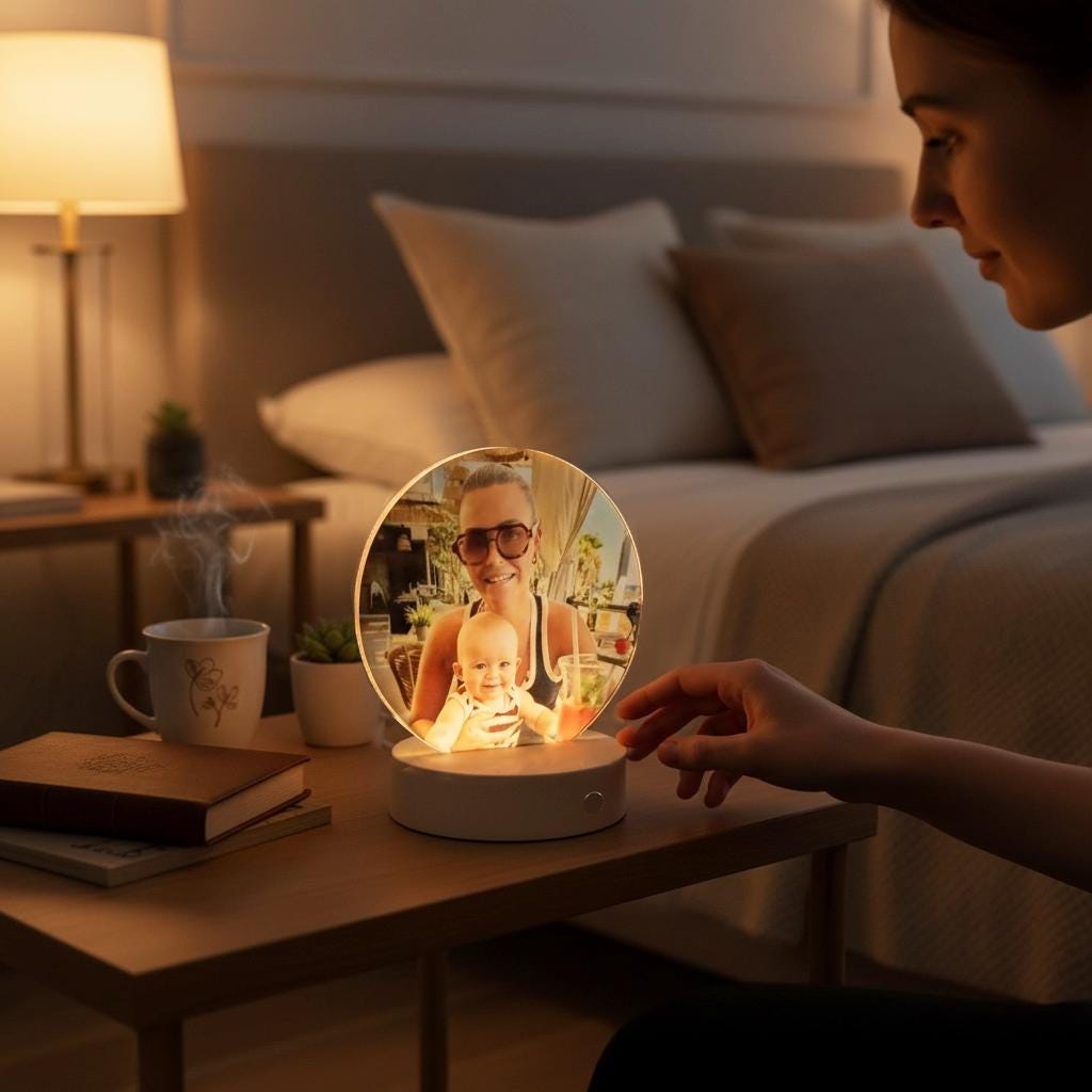 Custom glass photo frame displayed on a bedside table